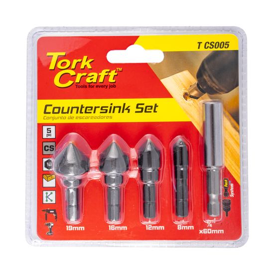 TORK CRAFT Countersink Set 5pce Set Carbon (8,12,16,19mm C/w Hex Shank Adaptor)